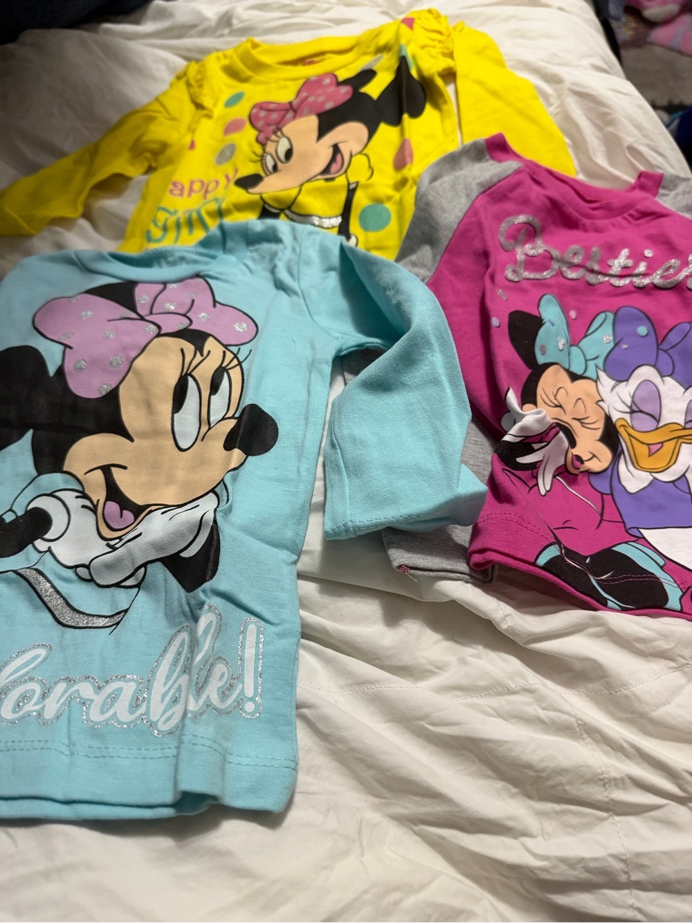 Disney Girls Long Sleeve Minnie & Daisy Character Tees - Yellow, Aqua, Pink